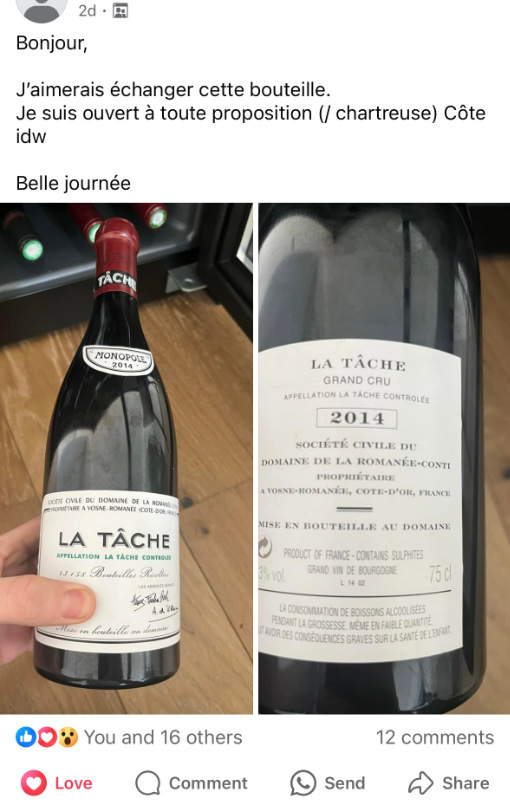 Image illustrant l'échange, l'achat et la vente de grands vins de Bourgogne, incluant des grands crus renommés tels que Coche-Dury et Domaine de la Romanée-Conti, Vosne-Romanée La Tâche. Un aperçu des trésors viticoles disponibles sur Au Bon Coin Du Vin.